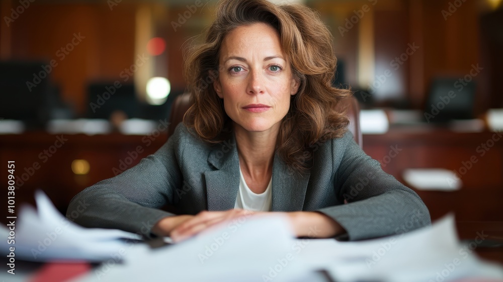 A professional woman in a suit sits at a desk filled with legal documents, conveying confidence and determination, embodying the essence of leadership. A professional woman in a suit sits at a desk filled with legal documents, conveying confidence and determination, embodying the essence of leadership.