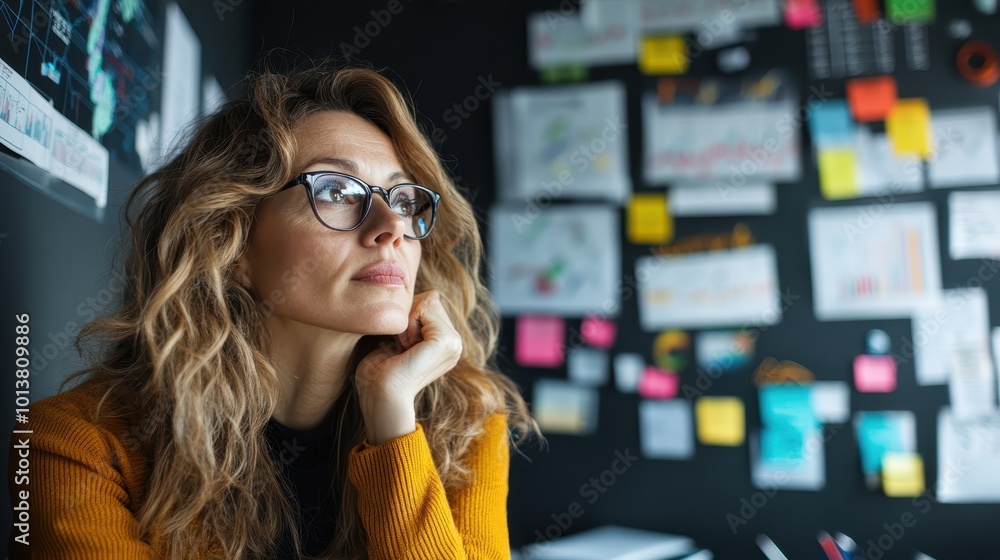 In a creative workspace filled with notes and ideas, a pensive woman with glasses gazes thoughtfully ahead, symbolizing innovation and personal growth deeply. In a creative workspace filled with notes and ideas, a pensive woman with glasses gazes thoughtfully ahead, symbolizing innovation and personal growth deeply.