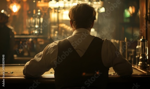 Man in a bar, back turned, looking ahead. photo