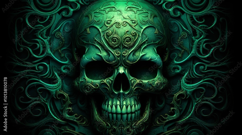 Dark green skull with luxury ornament on black background surface. Neural network ai generated art Dark green skull with luxury ornament on black background surface. Neural network ai generated art