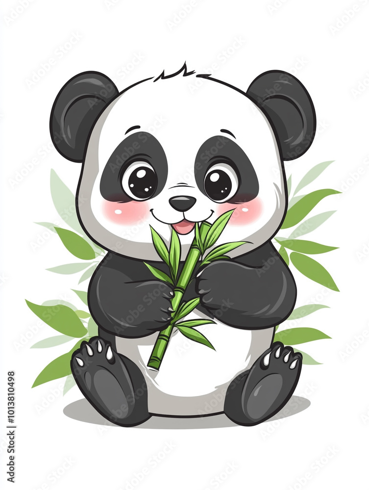 Fototapeta premium A cute panda is holding bamboo, in a simple style illustration with a flat design. 