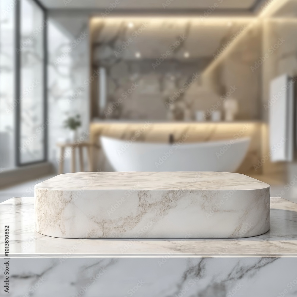 White marble podium in modern bathroom, 3d render, mock upWhite marble podium on the background of the bathroom, 3d rendering White marble podium in modern bathroom, 3d render, mock upWhite marble podium on the background of the bathroom, 3d rendering