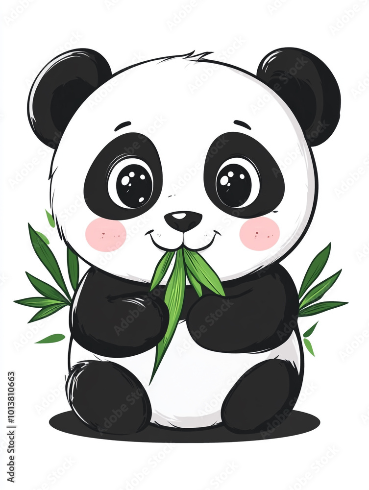 Fototapeta premium A cute panda is holding bamboo, in a simple style illustration with a flat design. 