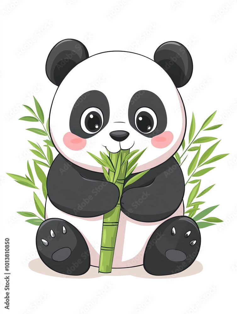 Fototapeta premium A cute panda is holding bamboo, in a simple style illustration with a flat design.