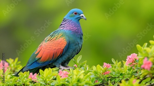 A vibrant blue, green, red and orange Nicobar Pigeon perched on a branch with pink flowers, against a blurred green background.