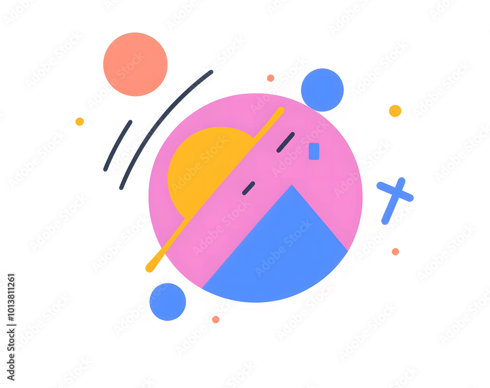 Vector illustration of a purple circle with a yellow line and blue shapes on a white background design, in a flat design style with simple shapes design Vector illustration of a purple circle with a yellow line and blue shapes on a white background design, in a flat design style with simple shapes design