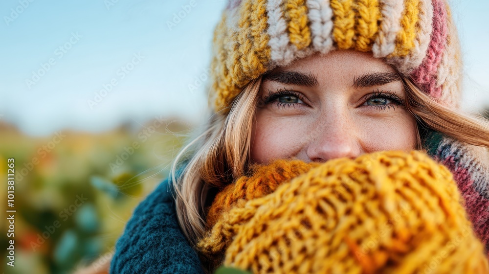 A joyful woman, warmly wrapped in striped knitwear, stands with a bright smile in a lush green field under a blue sky, highlighting the essence of autumn outdoors. A joyful woman, warmly wrapped in striped knitwear, stands with a bright smile in a lush green field under a blue sky, highlighting the essence of autumn outdoors.