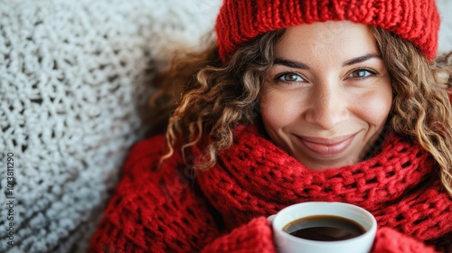 A woman comfortably dressed in red knitwear cradles a steaming cup of coffee with a warm smile, sitting in a cozy setting, embodying comfort and warmth of winter.