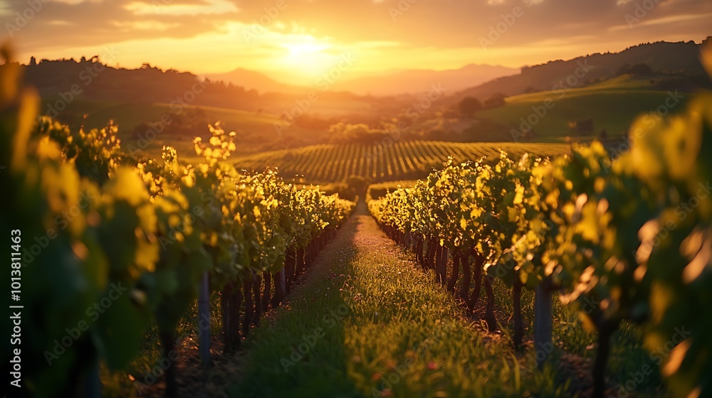 Fototapeta premium View of Araf in rows of vineyards in the beautiful sun