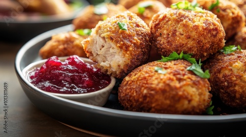 Crispy turkey croquettes made from Thanksgiving leftovers, served with a side of cranberry sauce.