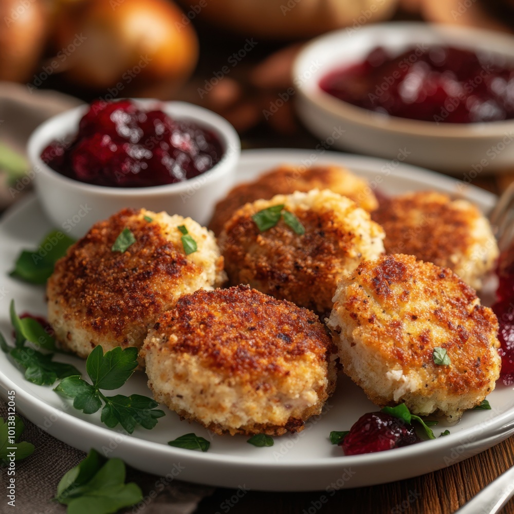 Crispy turkey croquettes made from Thanksgiving leftovers, served with a side of cranberry sauce Crispy turkey croquettes made from Thanksgiving leftovers, served with a side of cranberry sauce