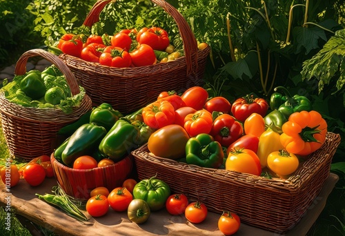 vibrant garden harvest displaying diverse array seasonal produce including colorful vegetables fresh fruits, backyard, fertile, soil, sunlight, plant