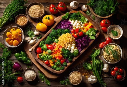 vibrant plant based meal ingredients artistically arranged featuring fresh herbs grains bright palette, bowl, plate, salad, sauce, oil, dressing, garnish photo