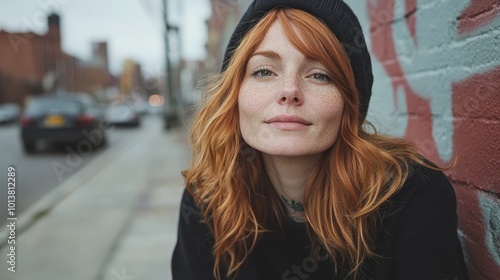 A laid-back woman with auburn hair and freckles wears a beanie and a calm expression as she sits against a graffiti-covered urban street scene.