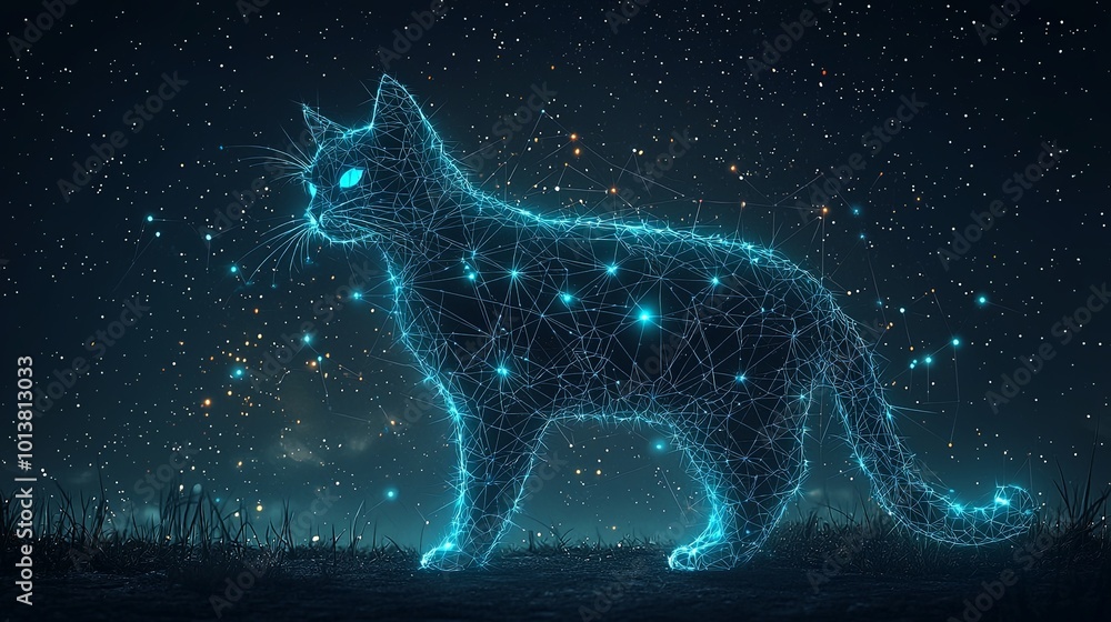 A silhouette of a cat, outlined by glowing geometric lines, stands against a cosmic night sky, invoking a sense of mystery and otherworldly presence. A silhouette of a cat, outlined by glowing geometric lines, stands against a cosmic night sky, invoking a sense of mystery and otherworldly presence.