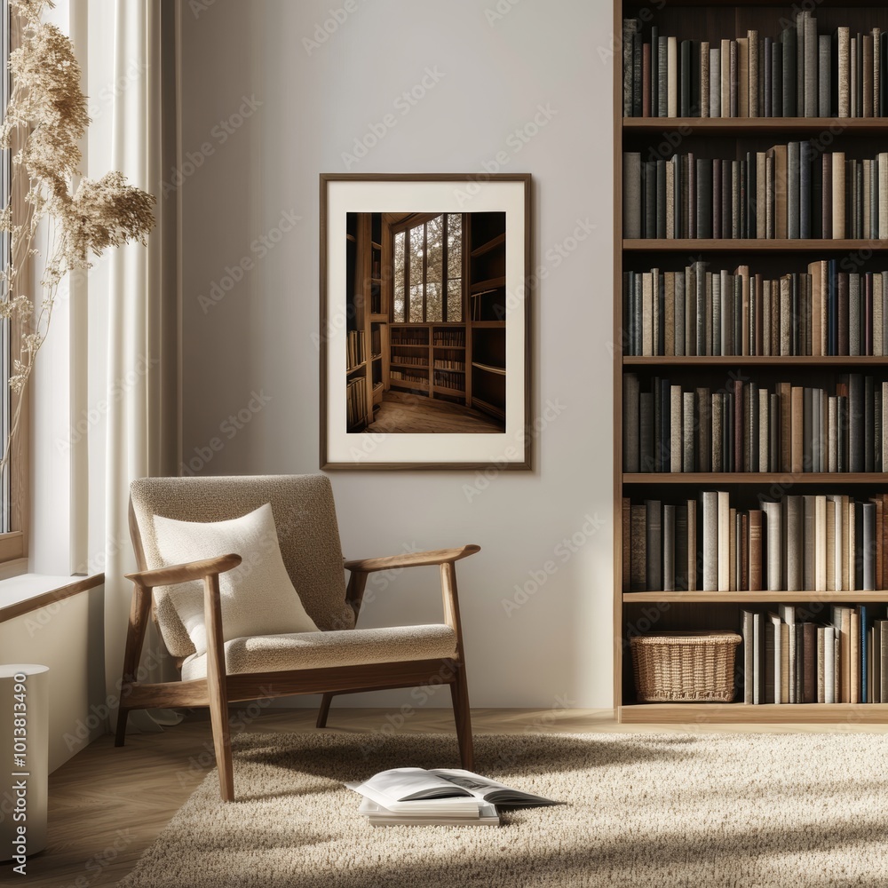 Fototapeta premium A cozy reading nook features a plush armchair, extensive bookshelves, and a window allowing natural light to illuminate the space.