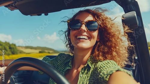 Happy woman enjoying a road trip during summer vacation, driving joyfully with a sunny, picturesque backdrop photo