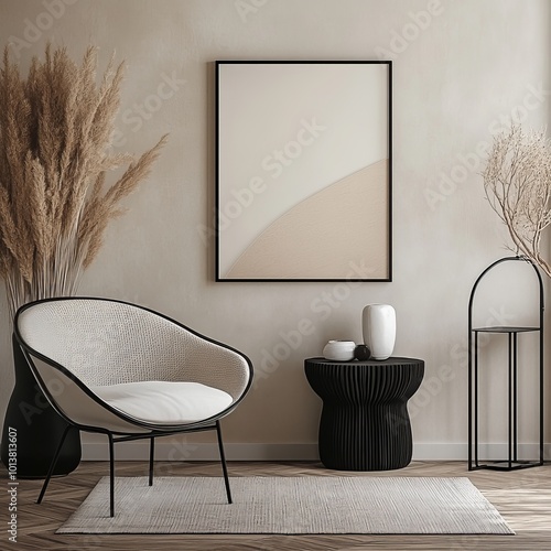 An artistic monochrome framed artwork stands out against a muted room, featuring natural and textured decor adding depth and visual interest. photo