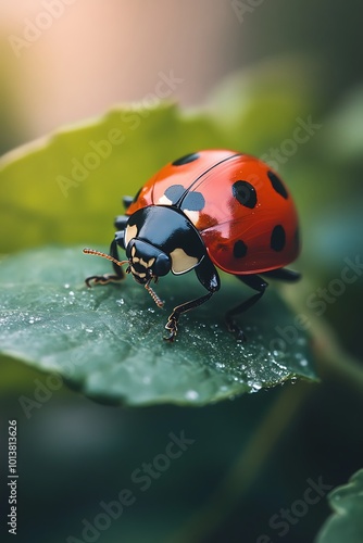 Closeup of Ladybug on Green Leaf with Dew Drops, Macro Photography