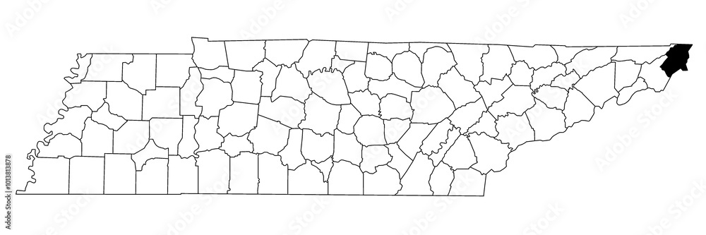 Map of Johnson County in Tennessee state on white background. single County map highlighted by black colour on Tennessee map. UNITED STATES, US. Map of Johnson County in Tennessee state on white background. single County map highlighted by black colour on Tennessee map. UNITED STATES, US.