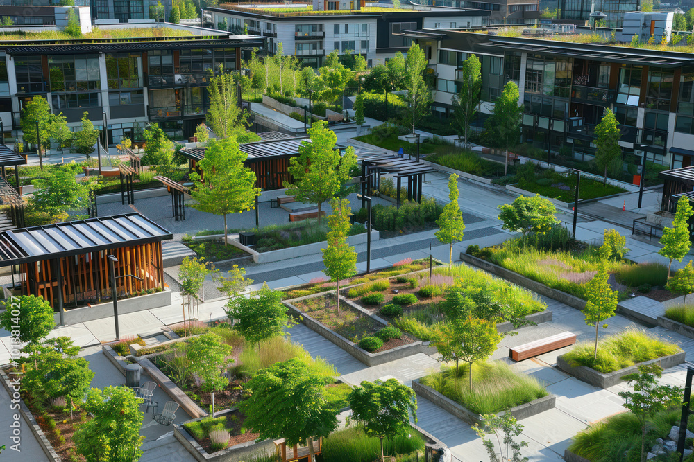 A mixed-use landscape in a growing urban area, providing recreational spaces, green roofs, and eco-friendly solutions A mixed-use landscape in a growing urban area, providing recreational spaces, green roofs, and eco-friendly solutions