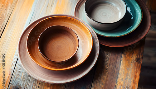 ceramic cup and plates on a wooden table top view. minimalist set of handmade ceramic tableware and pottery