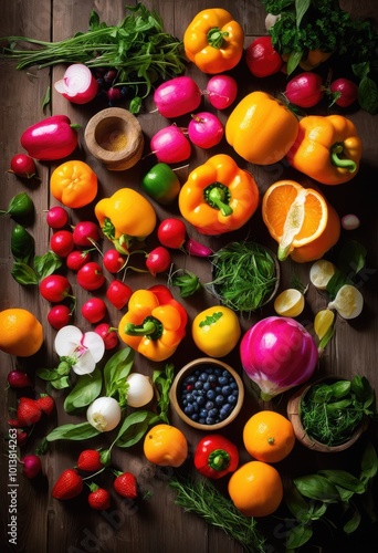 vibrant food flat lay displaying fresh ingredients like colorful juicy aromatic herbs rustic wooden table, appetizing, aesthetic, array, art, artistry