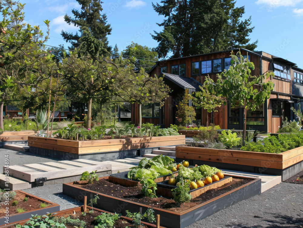 A modern edible landscape with fruit trees, vegetable beds, and a garden designed for sustainability and function A modern edible landscape with fruit trees, vegetable beds, and a garden designed for sustainability and function