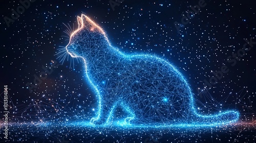 A neon blue digital cat silhouette glows vibrantly against a cosmic starry background, representing mystique and wonder with elements of futurism and fantasy.