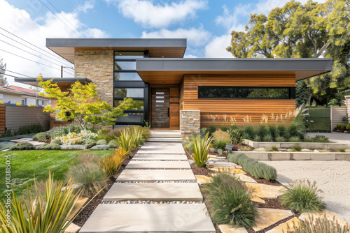 A modern front yard featuring drought-tolerant plants, stone elements, and low-maintenance greenery