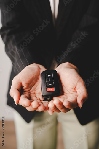 A car broker holds the car keys and prepares to deliver the car to the owner and enter into a sales contract.