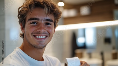 Young Father Smiling in Bathroom Holding Toilet Paper