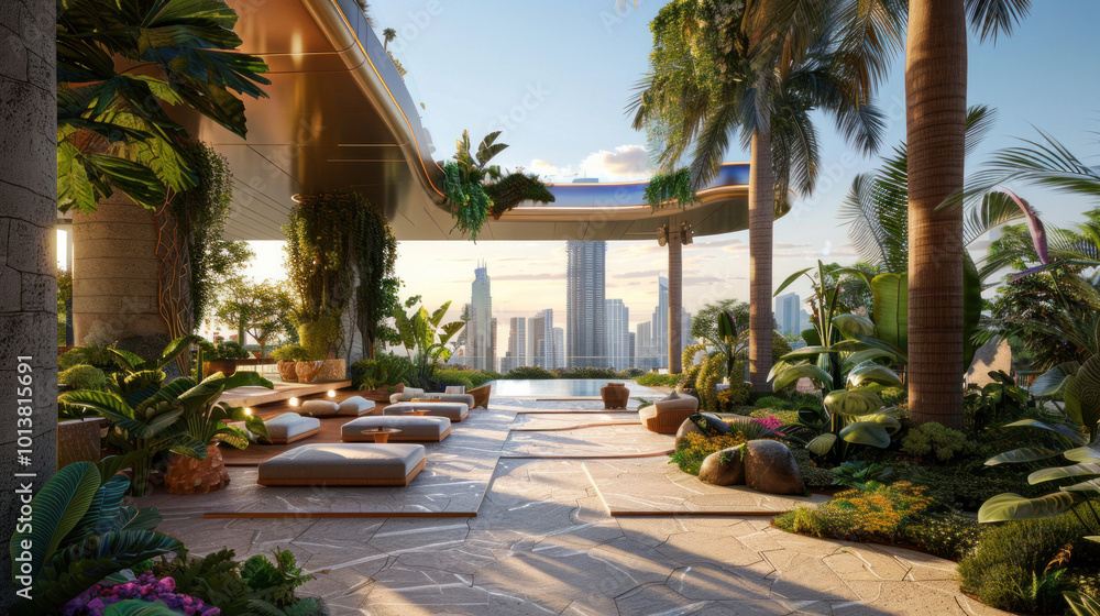 Fototapeta premium A modern luxury hotel landscape with sleek outdoor lounges, exotic plants, and infinity pools overlooking the skyline