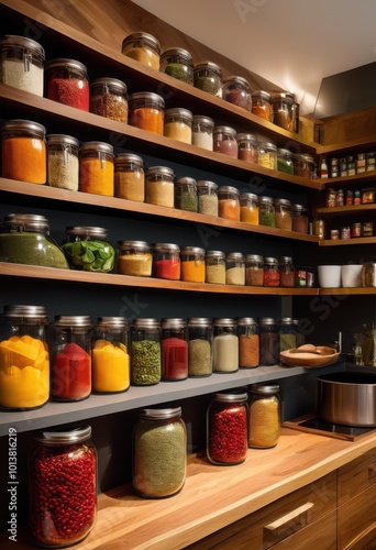 well organized pantry shelves showcasing neatly arranged ingredients eye catching labels vibrant colors, bins, containers, jars, storage, organization