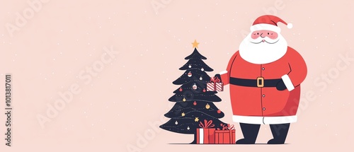 A cheerful Santa Claus standing beside a beautifully decorated Christmas tree, surrounded by gifts, evoking holiday spirit. photo