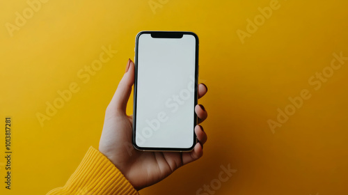 A person holding a smartphone with a blank screen against a vibrant yellow background in a bright setting photo