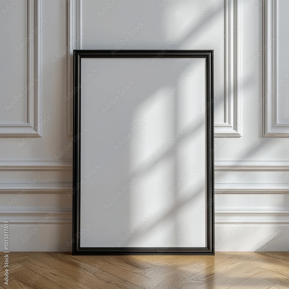 A sleek black frame rests against a classic white paneled wall, where light plays intricately with shadows, presenting elegance. A sleek black frame rests against a classic white paneled wall, where light plays intricately with shadows, presenting elegance.