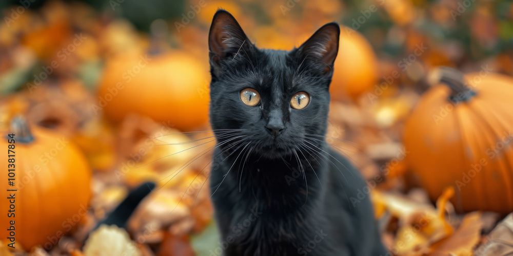 A black cat is standing in front of pumpkins A black cat is standing in front of pumpkins
