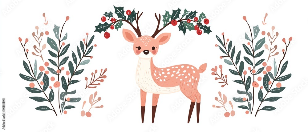 A whimsical illustration of a cute deer adorned with holly and surrounded by floral elements, perfect for seasonal designs. A whimsical illustration of a cute deer adorned with holly and surrounded by floral elements, perfect for seasonal designs.