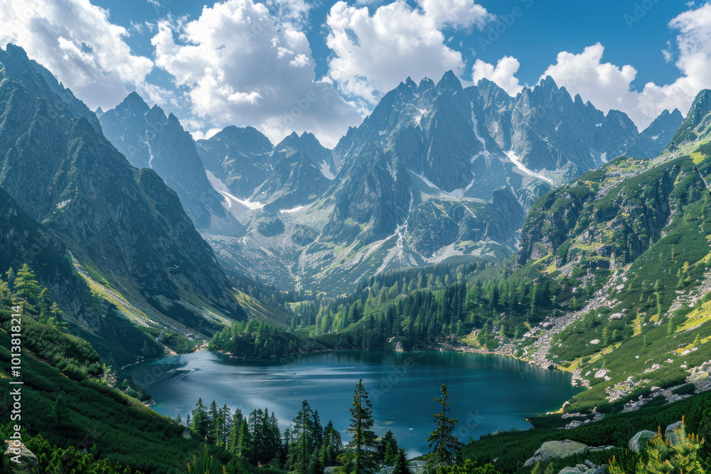 A panoramic view of a mountain lake nestled between towering peaks, surrounded by forests A panoramic view of a mountain lake nestled between towering peaks, surrounded by forests