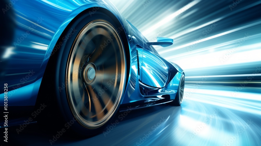 Movement shot of fast blue car driving on asphalt road with high speed. Neural network ai generated art Movement shot of fast blue car driving on asphalt road with high speed. Neural network ai generated art