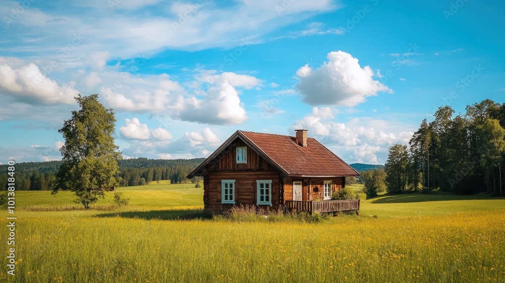 A charming wooden cabin sits alone in a green meadow under a bright blue sky, with fluffy white clouds floating overhead. A charming wooden cabin sits alone in a green meadow under a bright blue sky, with fluffy white clouds floating overhead.