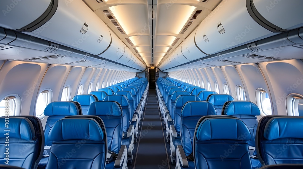 Fototapeta premium Airplane Cabin Interior with Blue Seats and Overhead Compartments
