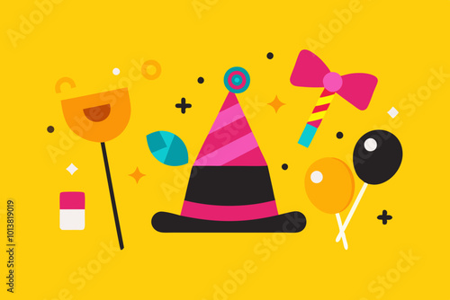 Cute party props accessories on colorful yellow background vector illustration 