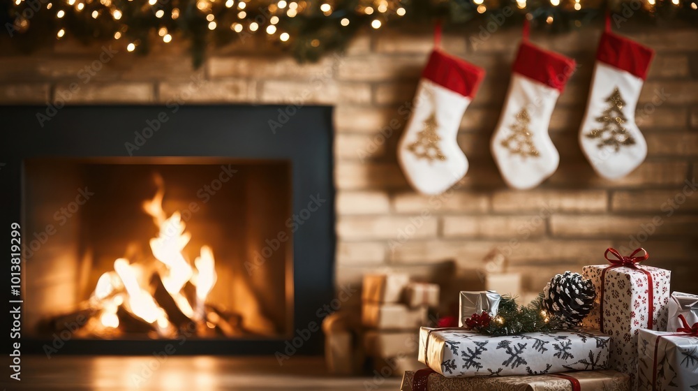 Cozy Christmas scene featuring a warm fireplace with stockings hung and beautifully wrapped gifts underneath the tree. Cozy Christmas scene featuring a warm fireplace with stockings hung and beautifully wrapped gifts underneath the tree.