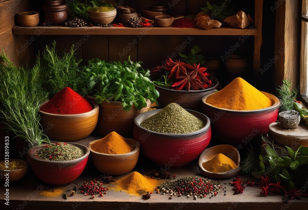 Fototapeta premium colorful vibrant spices herbs artfully arranged kitchen counter creating feast eyes, cumin, coriander, basil, parsley, rosemary, thyme, paprika