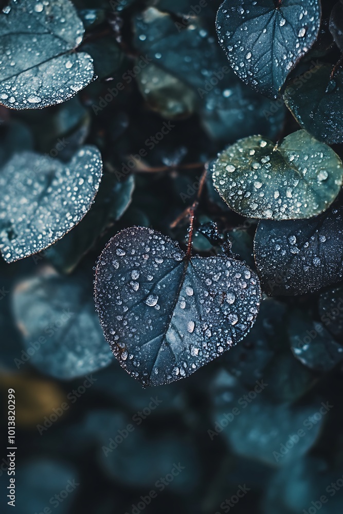Closeup of dew drops on dark green leaves, nature background with raindrops Closeup of dew drops on dark green leaves, nature background with raindrops