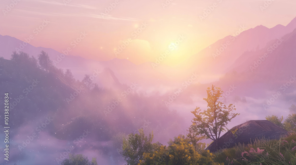 A peaceful mountain landscape at sunrise, with soft light creating a serene and spiritual atmosphere A peaceful mountain landscape at sunrise, with soft light creating a serene and spiritual atmosphere