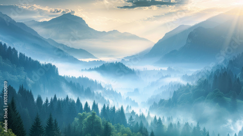 A peaceful mountain landscape at sunrise, with soft light creating a serene and spiritual atmosphere