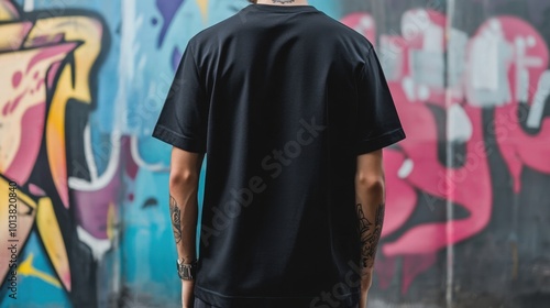 Graffiti wall backdrop with a streetwear-style black t-shirt mockup, back view, reflecting the edgy, urban culture of contemporary fashion.